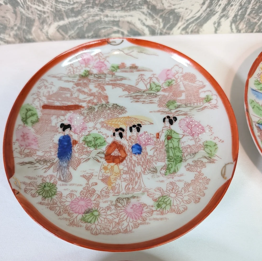 Vintage Japanese Kutani Porcelain Hand Painted Plates Set Of 7